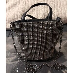 Madison West Crystal Rhinestone Silver Crossbody Chain Small Bling Bag w Handle